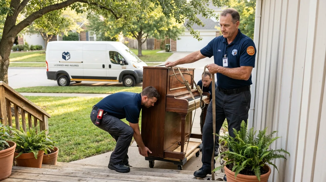 Licensed piano movers securing grand piano in Bethesda, MD