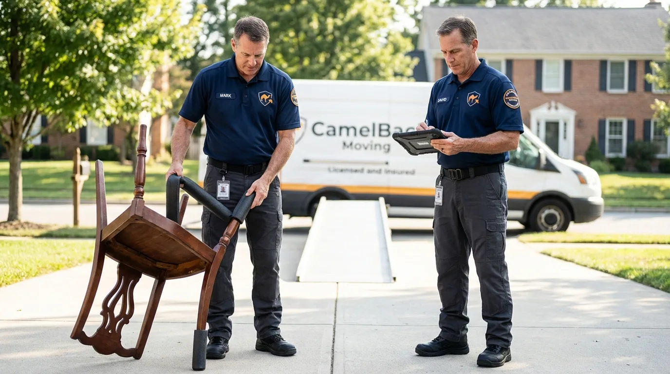 Movers inspecting furniture for damage prevention before loading in Bethesda, MD