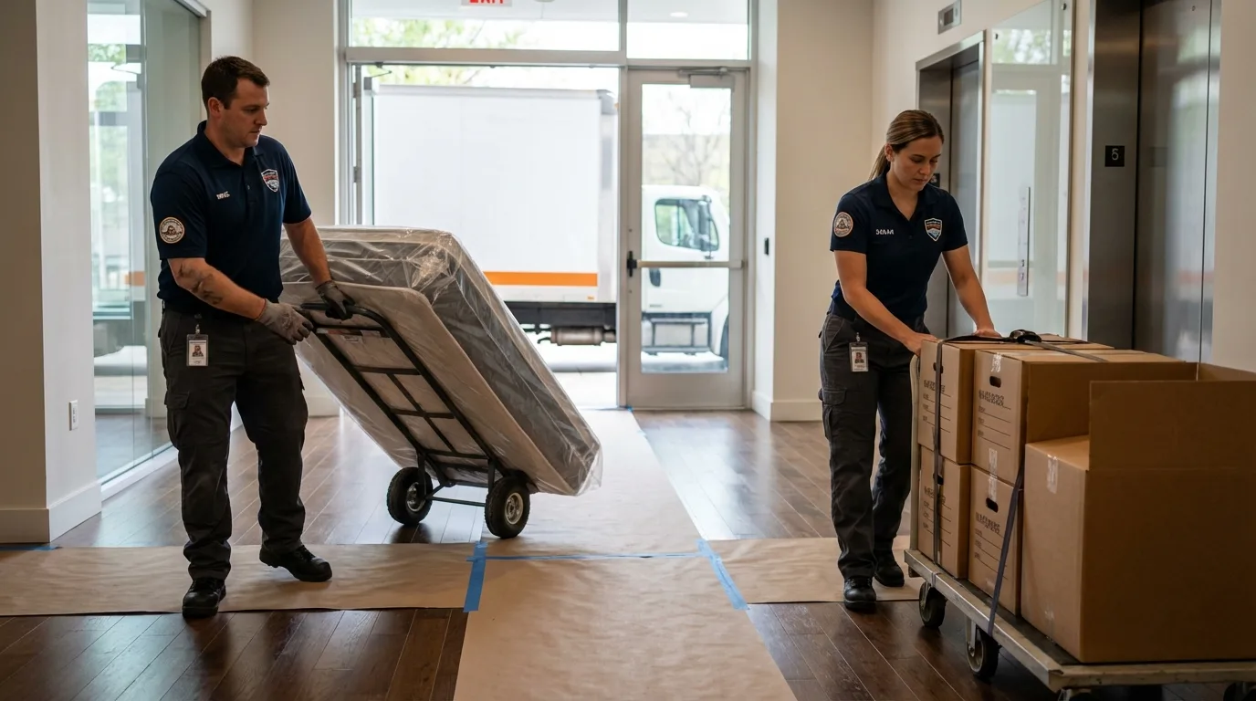 Professional apartment movers loading elevator in Bethesda, MD